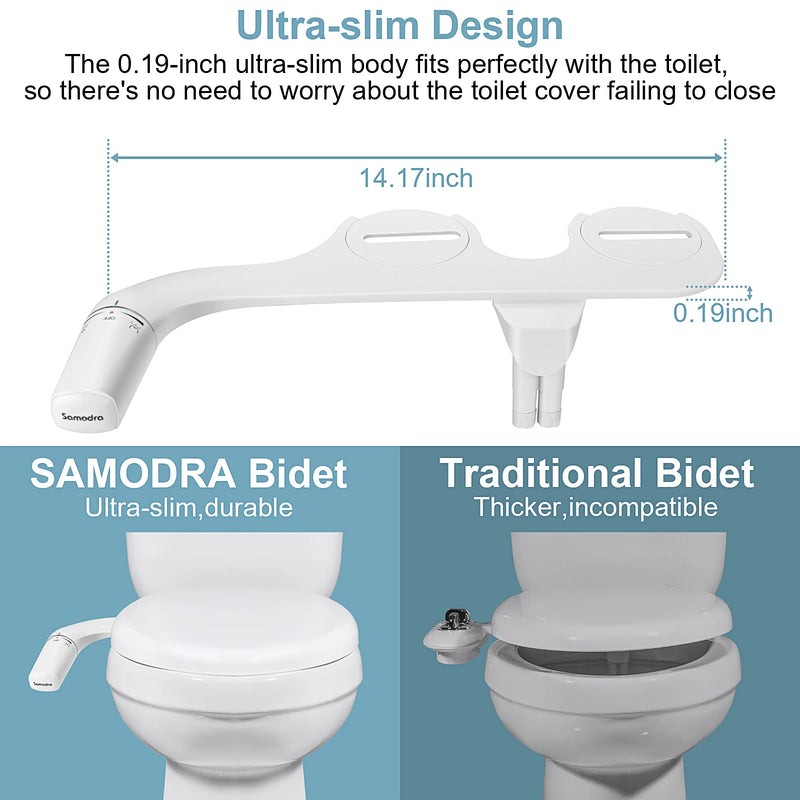 Bidê SAMODRA Ultra-Fino, Bidê Minimalista para Vaso Sanitário com Dupla Bocal (Lavagem Frontal e Traseira) Pressão de Água Ajustável, Attachment de Assento para Vaso Sanitário com Água Fresca, Fácil de Instalar.