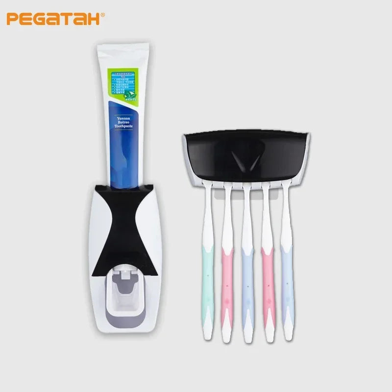 Dispensador automático de pasta de dente montado na parede, acessórios de banheiro, conjunto de suporte, rack de armazenamento, à prova de poeira, espremedor de escova de dentes