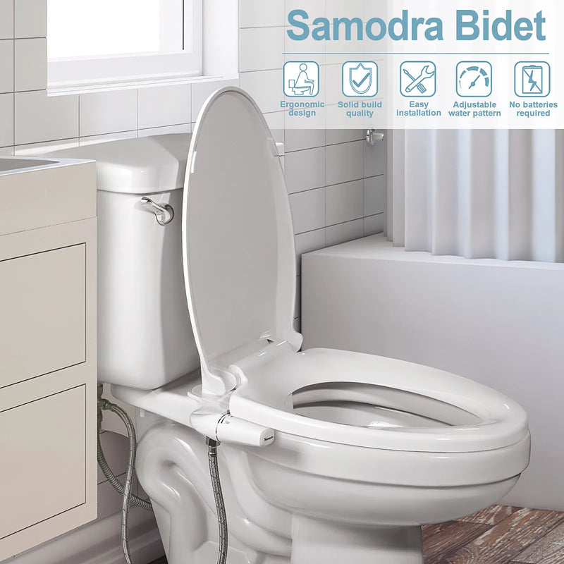 Bidê SAMODRA Ultra-Fino, Bidê Minimalista para Vaso Sanitário com Dupla Bocal (Lavagem Frontal e Traseira) Pressão de Água Ajustável, Attachment de Assento para Vaso Sanitário com Água Fresca, Fácil de Instalar.